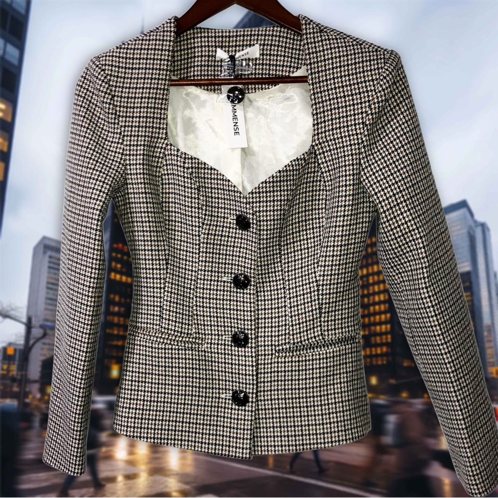 Commense Cream Brown Black Houndstooth Sweetheart Neckline Blazer Jacket XS NWT - Picture 8 of 13
